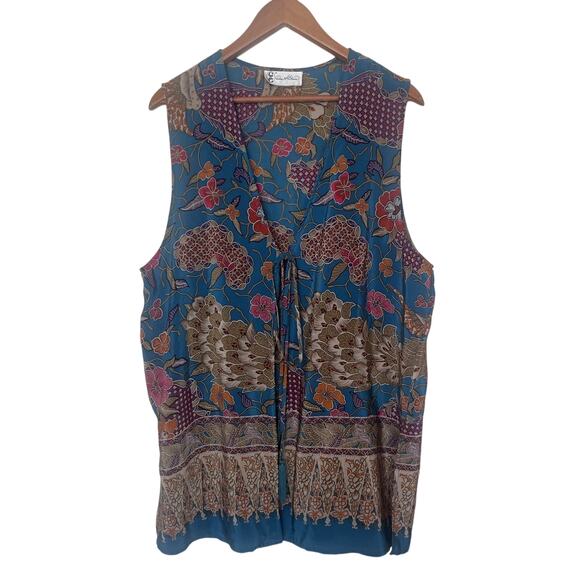 Diane Gilman Floral Silk Tie Tassel Front Tunic Vest Top Women’s Sz 1X Teal Blue - Picture 1 of 7
